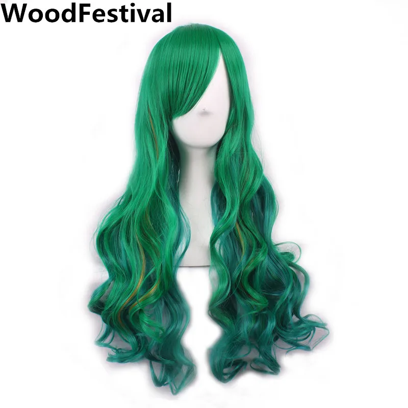 WoodFestival Green Synthetic Long Hair Wavy Wig With Bangs Cosplay Wigs For Women Purple Pink Red Blue White Halloween Colored