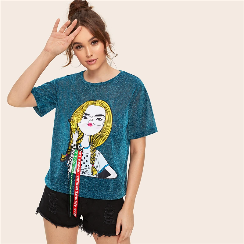 Dotfashion, бирюзовая футболка с рисунком, блестящая женская футболка, лето, Повседневная Уличная одежда, модные топы, футболка с коротким рукавом