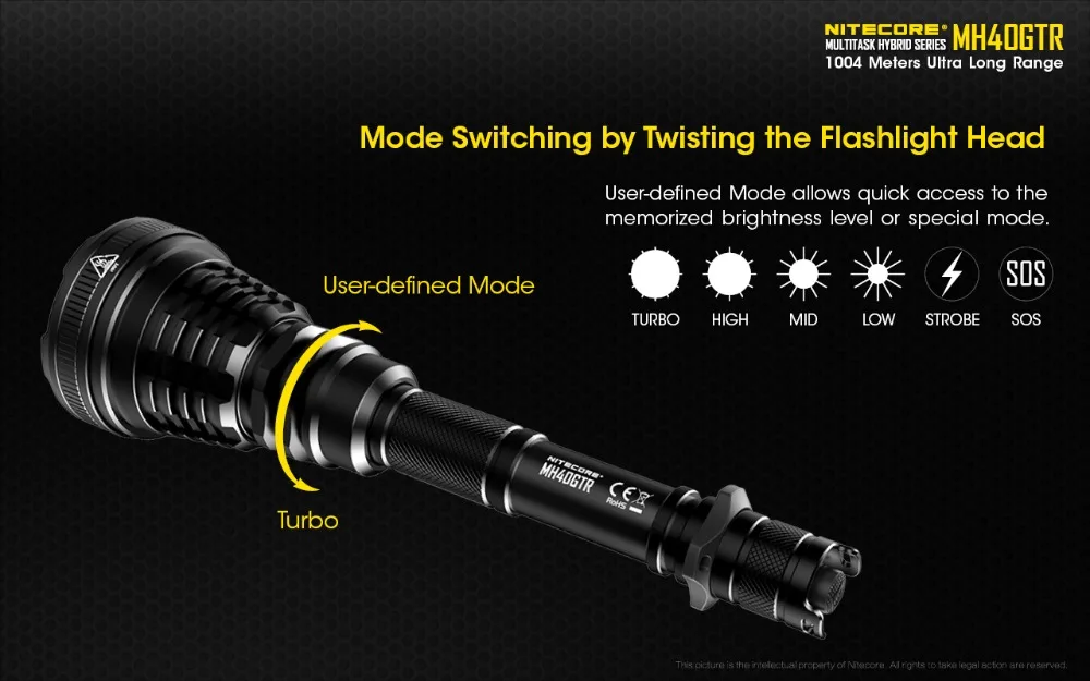 NITECORE MH40GTR 1200 Lumen Ultra Long Range 1004M Hunting Search Torch Tactical Rechargeable Flashlight+ battery,GM02M,RSW1