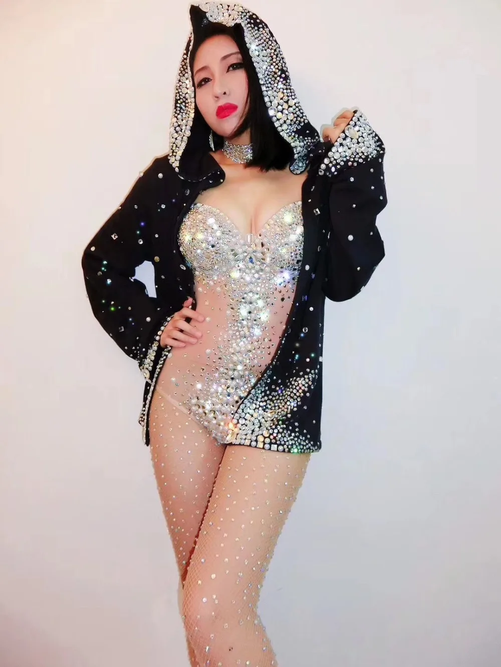 2021 Women New Beading Rhinestone Sexy Bodysuit Birthday Outfit Diamonds Clothes Nightclub Bar DJ Singer Show Bodysuit Coat Set