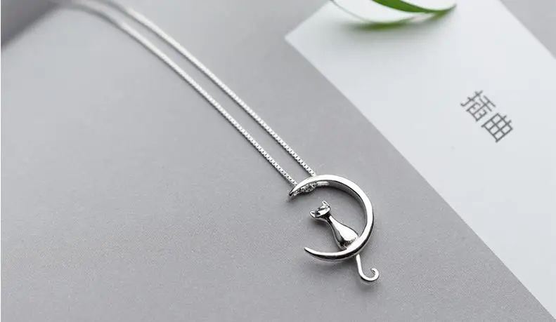 RYOUCUTE Настоящее чистое 925 пробы серебряные ювелирные изделия винтажные корейские длинные лунные ожерелья с кошкой для женщин Свадебные колье