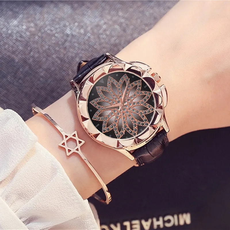 Luxury Brand Women Rose Gold Watches Fashion Casual Girls Rhinestone Dress Watch Leather Quartz Relogio Feminino Clock | Наручные часы
