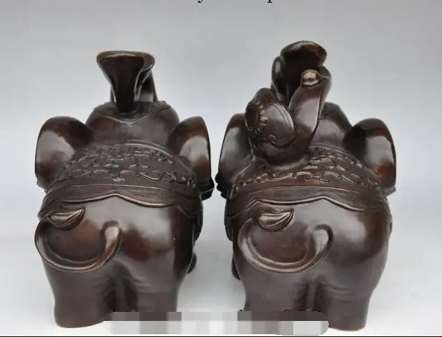 

S04031 11"chinese fengshui bronze wealth money yuanbao ruyi animal elephant statue pair