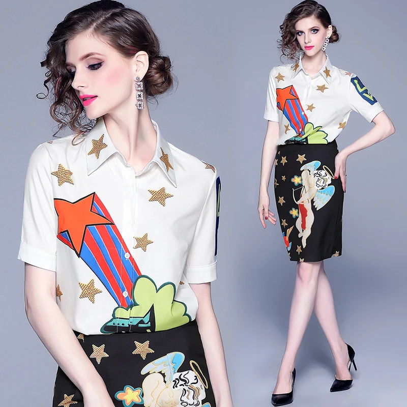

BLLOCUE 2020 Autumn Women's Star Angel Print Lapel Short Sleeve Blouse Shirt + High Waist Mini Skirt Two-piece Set