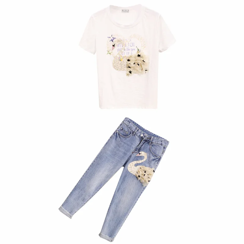 Женский Брючный комплект ALPHALMODA футболка с коротким рукавом и принтом лебедя