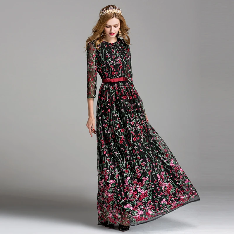 Женское платье с длинным рукавом Megyn длинное винтажное цветочной вышивкой и о