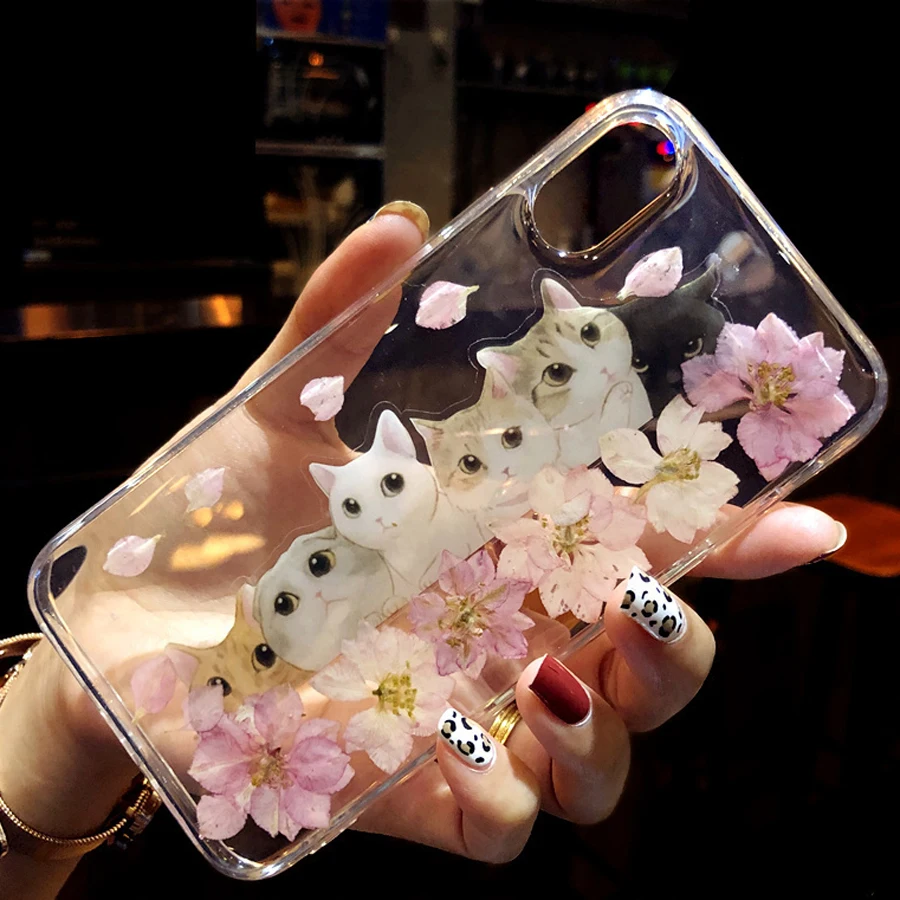 DIY Dried Real Flower Cat Clear Cover Phone Case For iPhone 8 6 6S Plus 7 Coque XR XS MAX X Etui Luxury Original |
