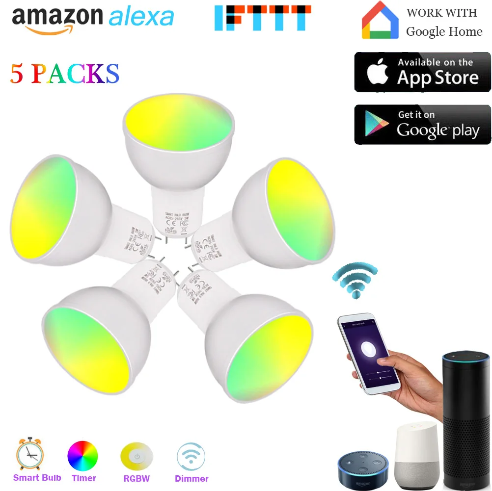 Умная WiFi лампа GU5.3 RGBW 5 Вт умная Светодиодная эквивалент 50 работает с Alexa Google Home IFTTT