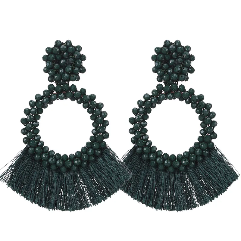 E0914 Dark Green Sehuoran серьги с кисточками для женщин, хрустальные бусины ручной работы, этнические длинные висячие Черные Подвески, свадебные серьги Oorbellen Acessorios - Окраска металла: E0914 Dark Green