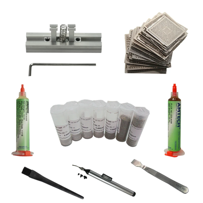 

157pcs/lot BGA Reballing Kit Include 144pcs BGA Directly Heating Stencils BGA Jig Brush 7pcs 25K Solder Ball 223 559 Flux 10cc