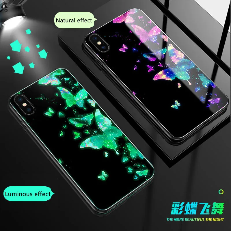 

Butterfly Luminous Glass Case For iphone 12 11 Pro 12Mini 7 8 Plus SE 2020 Luxury back Cover For iphone X XS MAX XR Phone Case