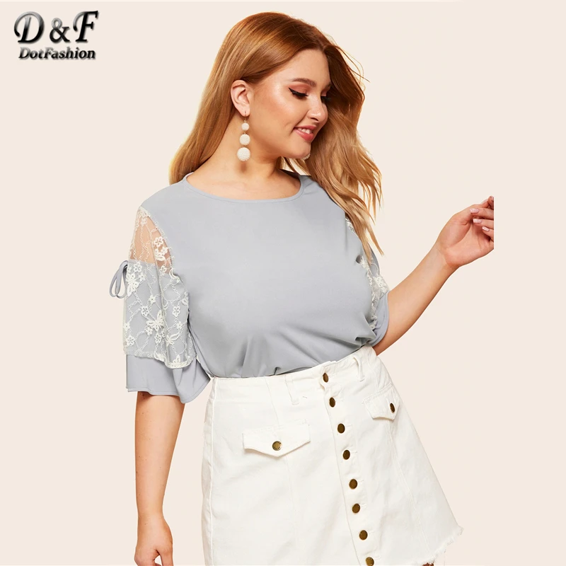 Dotfashion, блузка размера плюс серого цвета с контрастными кружевными узелками на рукавах, лето, элегантная одежда, корейская мода, короткий рукав, женские топы