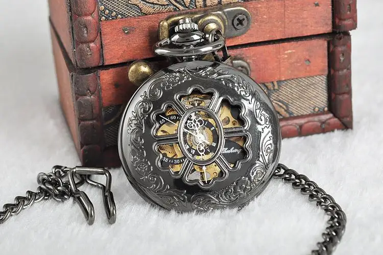 Antique Black Sunflower Hollow Relief Mechanical Pocket Watch Vintage Steampunk Fob Chain Men's Watch Women's Festival Gift