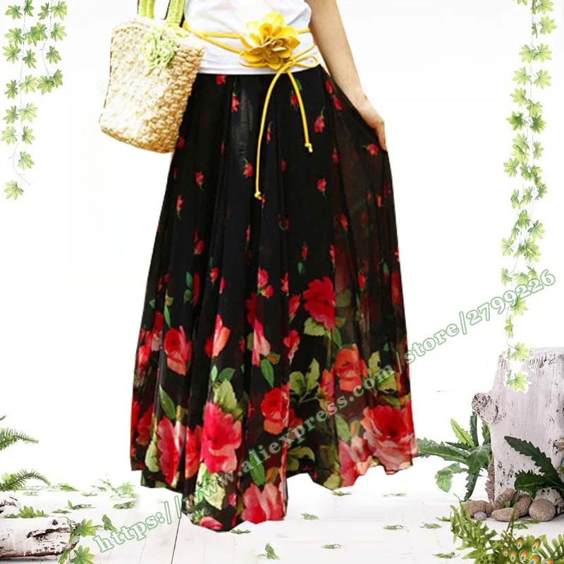 

2019 Bohemian Fashion Female Plus Large Size 6XL Black Chiffon Floral Ladies Flower Summer Skirt Elegantes Beach Skirts Womens