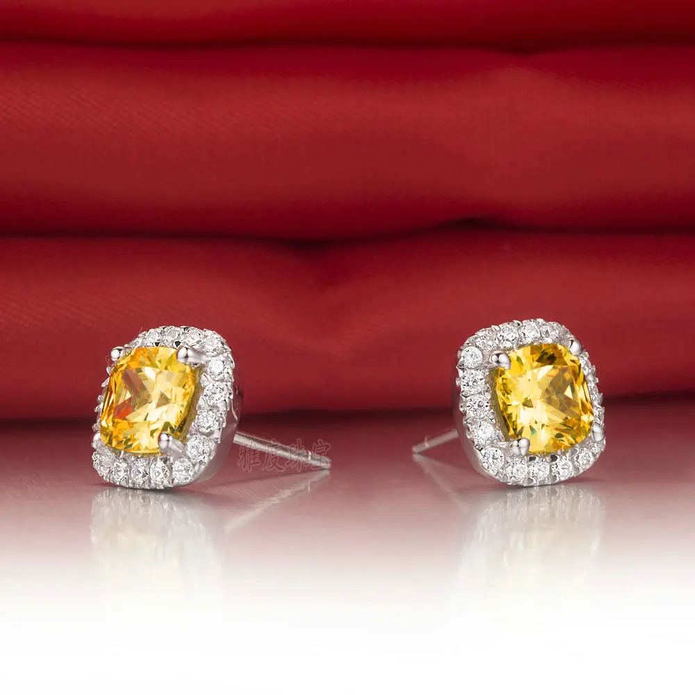 2CT/шт. Синтетические желтые серьги-гвоздики с бриллиантами женские из