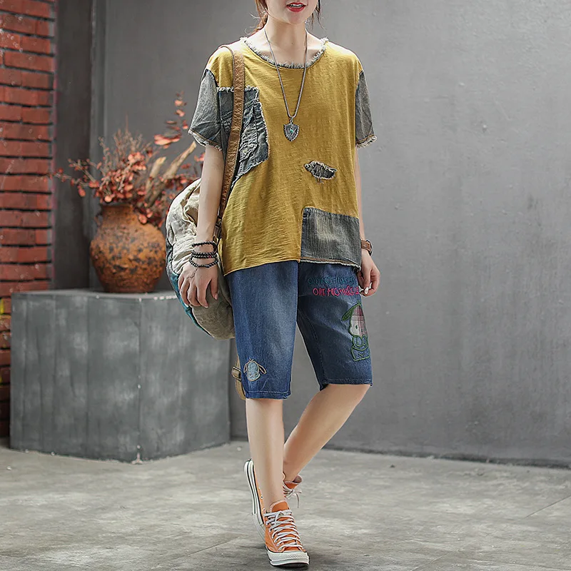 Соединенный внакрой деним отверстие карман футболка женская летняя винтажная