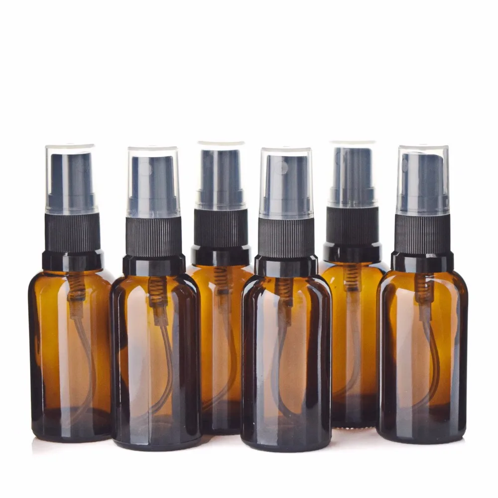 6pcs Empty Refillable 30ml Amber Glass Spray Bottle Atomizer with Black Fine Mist Sprayer for Essential Oil Perfume Aromatherapy