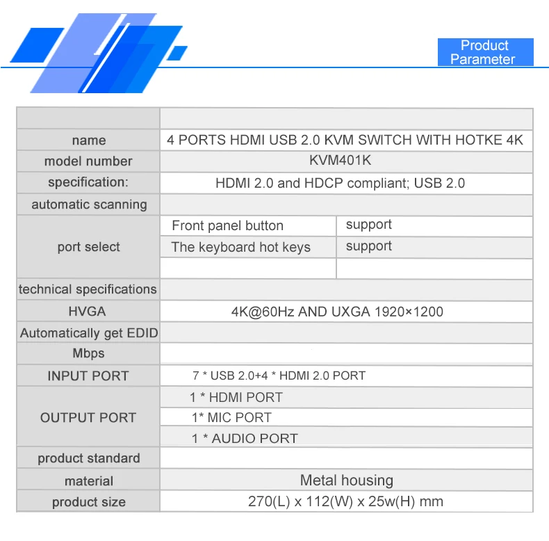 4 порта HDMI USB 2,0 KVM переключатель с горячей клавишей 4K60HZ