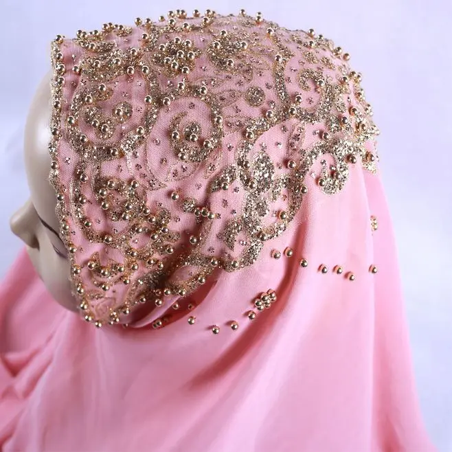 New Arrival Premium Plain Chiffon Hijab Scarf For Muslim Female Gold Pearl Glitter Islamic Turban Headband Shinny Shawl 170*70cm
