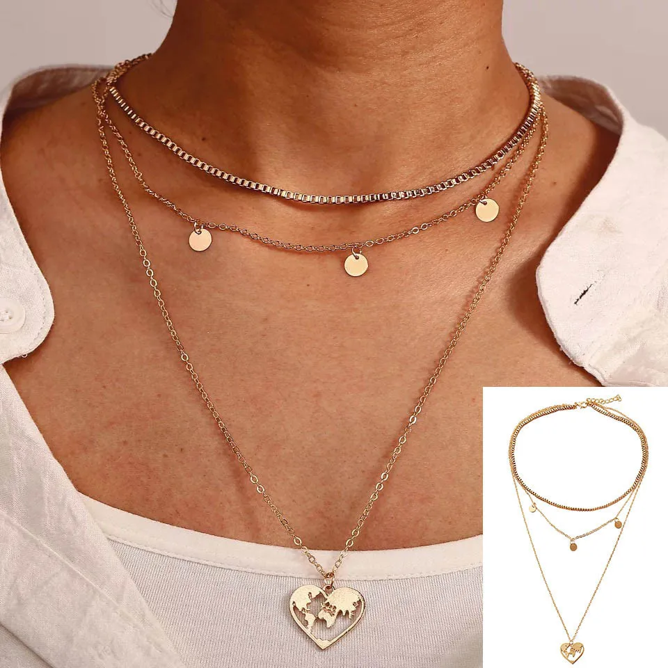 Heart Map RAVIMOUR бохо колье ожерелье s Женская Золотая звезда круглая монета подвеска ожерелье цепь богемное сексуальное ювелирное изделие винтажный воротник - Окраска металла: Heart Map