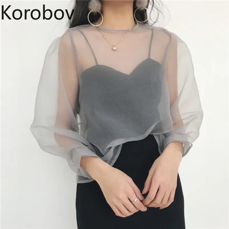 Korobov перспективная сетка 2 шт. Mujer Blusas o образным вырезом с пышными длинными