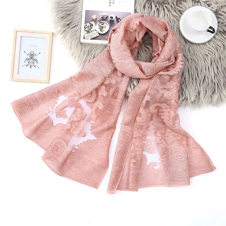 15 pink ZFQHJJ, весенний женский шелковый шарф из органзы, элегантные женские выдолбленные жаккардовые резные цветы, кружевные большие длинные шарфы, шали - Цвет: 15 pink