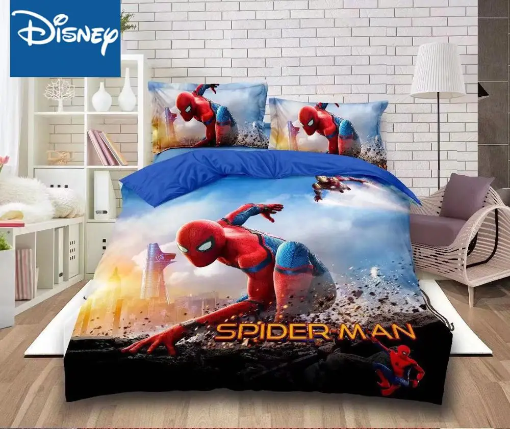 

Disney spider man, одноразмерный Комплект постельного белья для мальчиков, простыня, двойные пододеяльники, 3-4 шт., декор для спальни, подарок на ден...