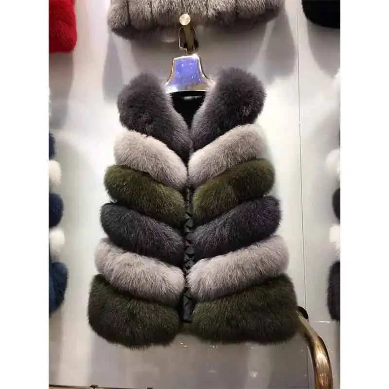 2018 осенне зимняя цветная жилетка из цельной кожи с лисьим мехом Женская Длинная