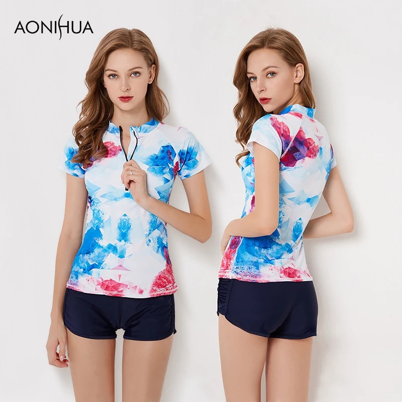 Женский купальный костюм AONIHUA с коротким рукавом облегающий для плавания пляжная
