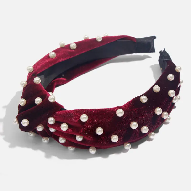 Bohemian Solid Color Soft Velvet Center Knot Wide Pearl Hairband Ladies multiple color Knotted Hairband Hair Accessories