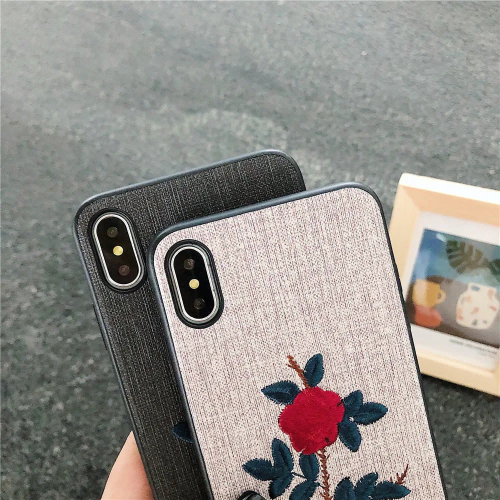 Embroider Rose Phone Case For Apple iPhone 7 Plus Vintage Flora Cases 6 6s 8 X XS MAX XR High Quality Soft Cover |