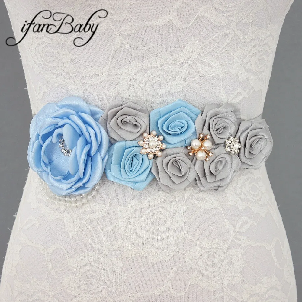 Grey/Blue women belt girl flower sash wedding Sash matching Rose burn fabric headband 1 SET | Аксессуары для одежды