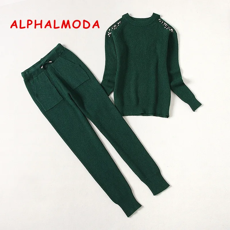 Зеленый ALPHALMODA зимний женский свитер с открытыми плечами и бисером, комплект из 2 предметов, однотонный Свободный Повседневный джемпер, топ и брюки, женский костюм - Цвет: Зеленый