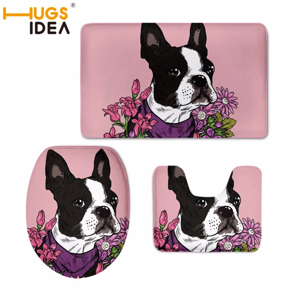 

HUGSIDEA 3D Anti Slip Water Absorb Floor Carpet Bathroom Mat Set Boston Terrier Floor Bath Mats Washable Bathroom Toilet Rug