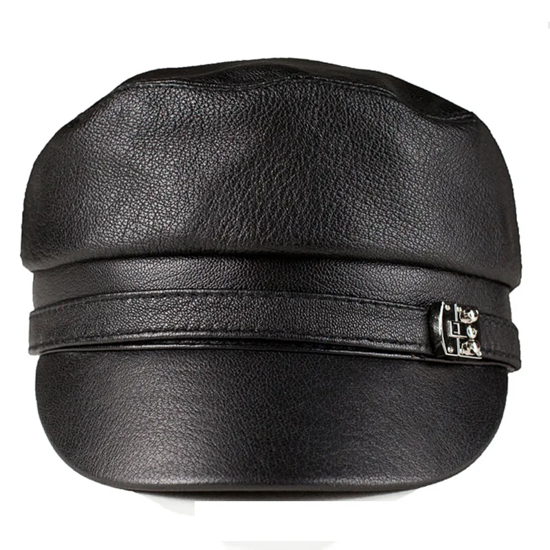 Star style Real deerskin leather plat top hat black military cap for unisex male and female winter leisure accessories S483 |