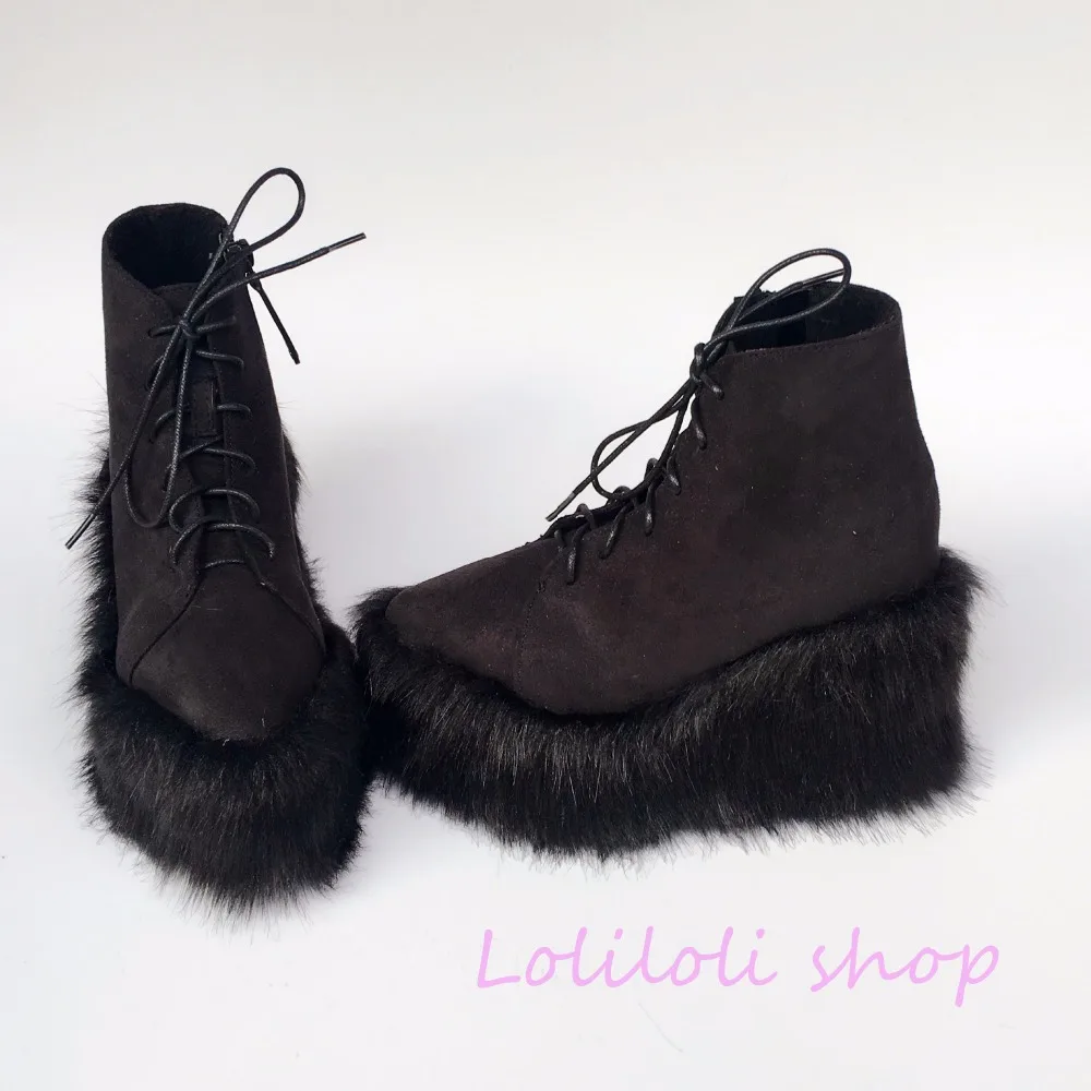 

Princess sweet punk shoes loliloli yoyo Japanese design custom black flock lace-up fox skin fur wedges short boots an4174