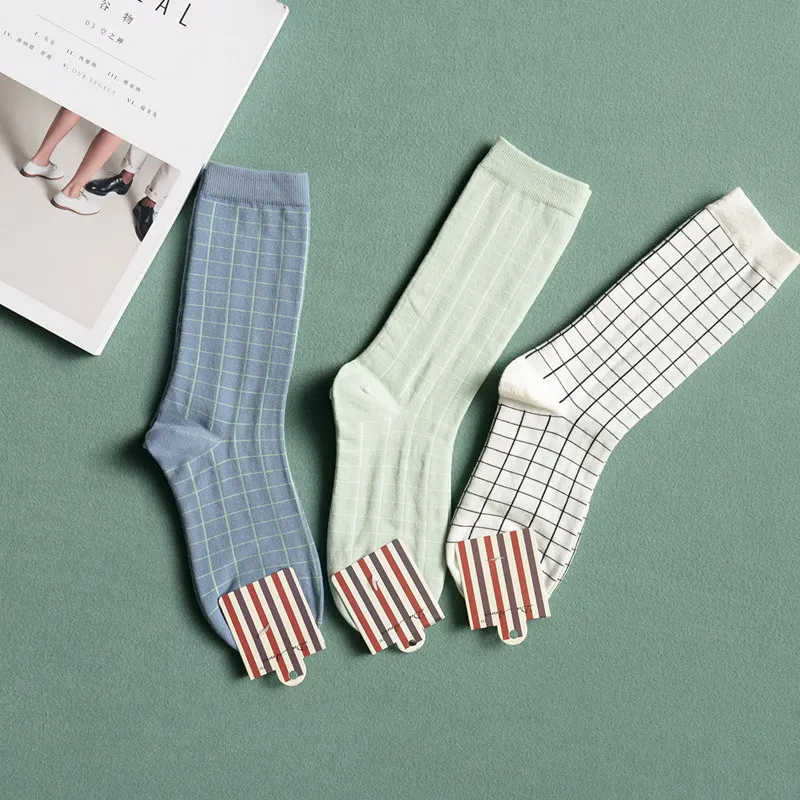 

Японские милые женские универсальные клетчатые длинные носки кавайные синие белые светильник-зеленые хлопковые носки с рисунком