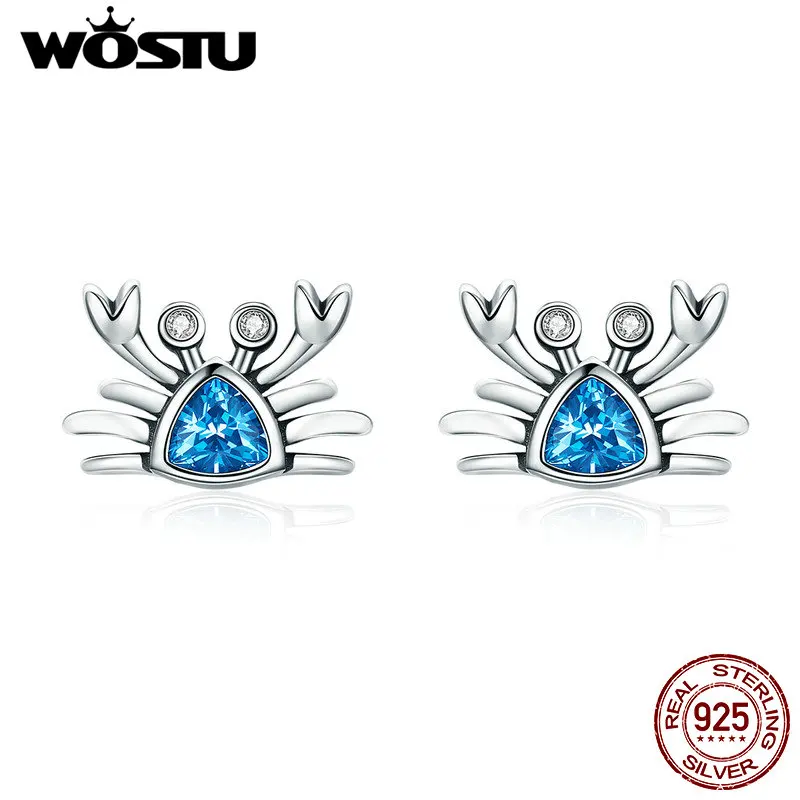 Женские серьги гвоздики WOSTU очаровательный Краб из чистого серебра 925 пробы с