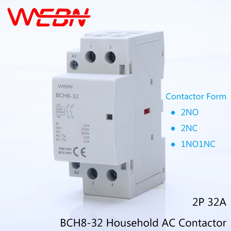 BCH8-32 Series 2P 32A Automatical AC Household Contactor 220V/230V 50/60Hz Contact 2NO/1NO+1NC/2NC Din Rail Modular Contactor
