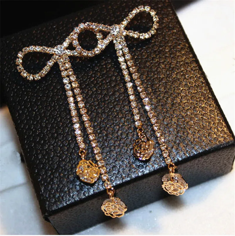 Женские Простые Роскошные Длинные серьги с бантиком и кристаллами элегантные