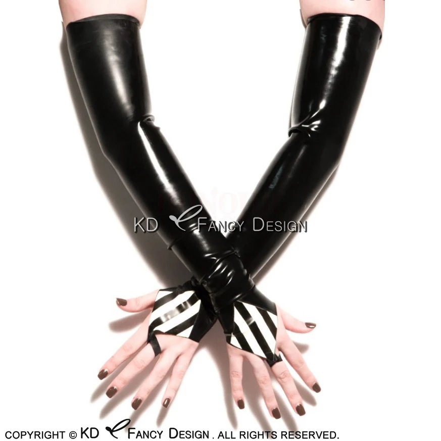 

Black And White Sexy Long Latex Gloves With Stripes Ring Rubber Mittens ST-0029