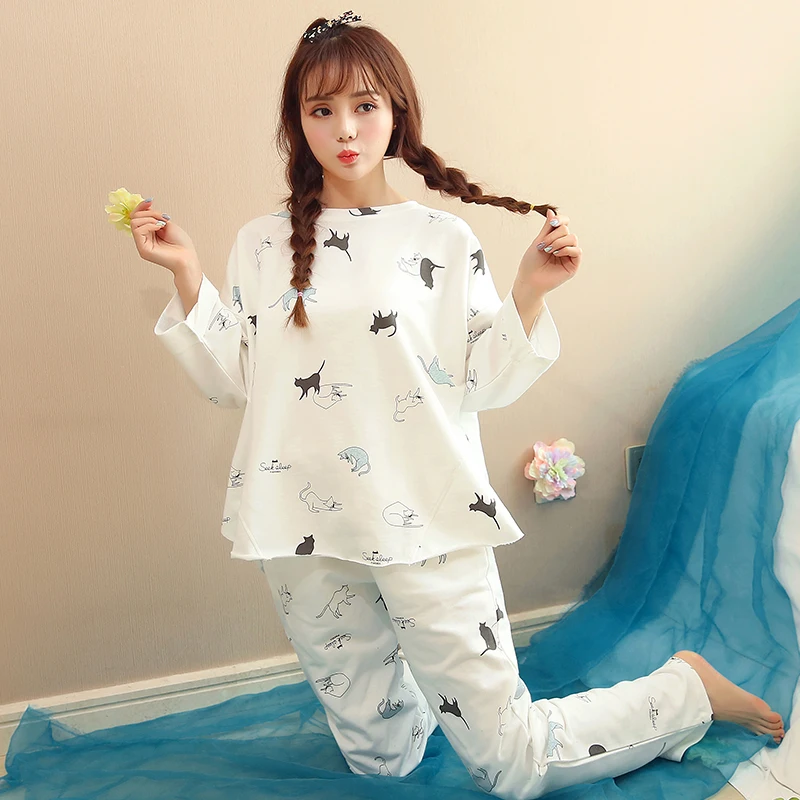 

2018 New Women's Pajama Sets White Spring Cute Cartoon Sleepwear Lady Casual Home Clothing