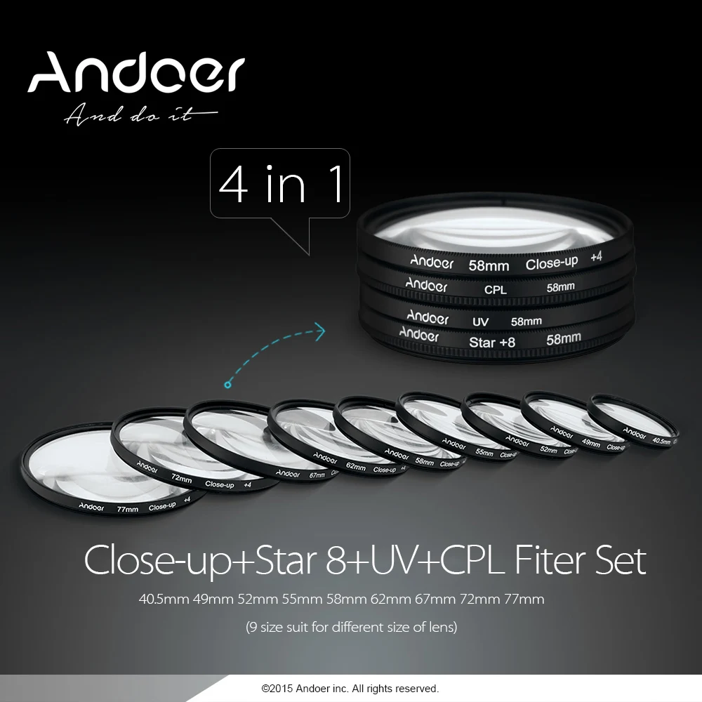 Andoer 52 57 мм UV + CPL Close Up 4 Star 8 точечный фильтр круговой комплект для Nikon Canon Pentax Sony DSLR