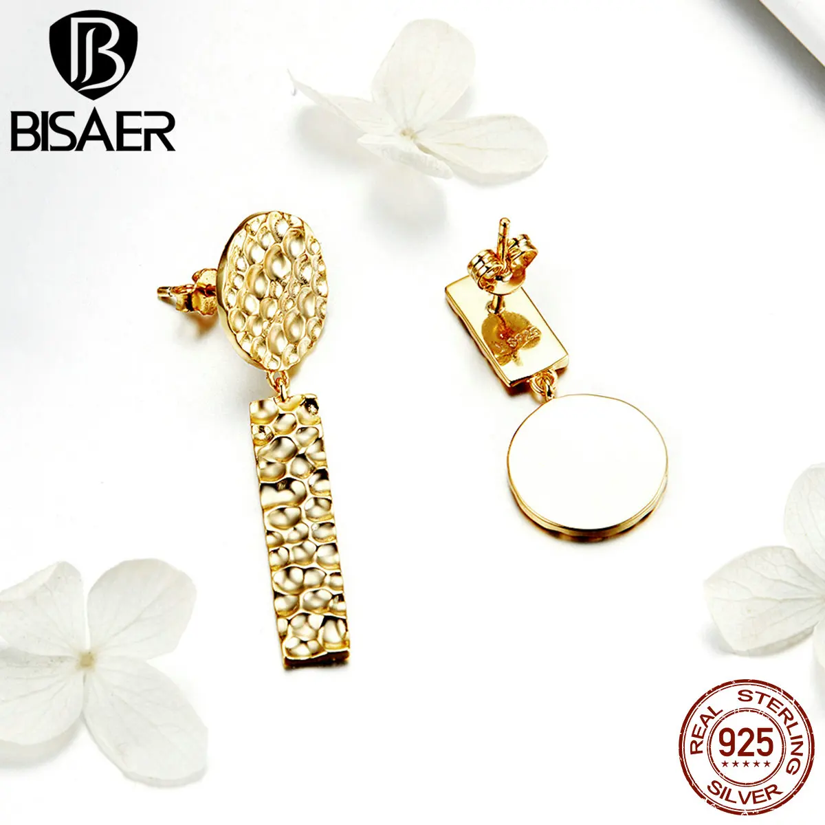 BISAER, 925 пробы, серебристый, шикарный, золотой цвет, Круглый, геометрический асимметричный, висячие серьги для женщин, модные ювелирные изделия, Brincos GXE533
