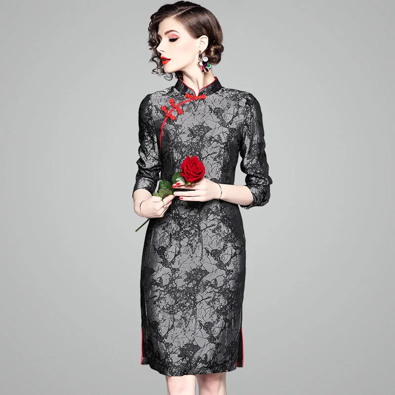 Весенне осеннее женское платье красные пуговицы черное серое с принтом воротник