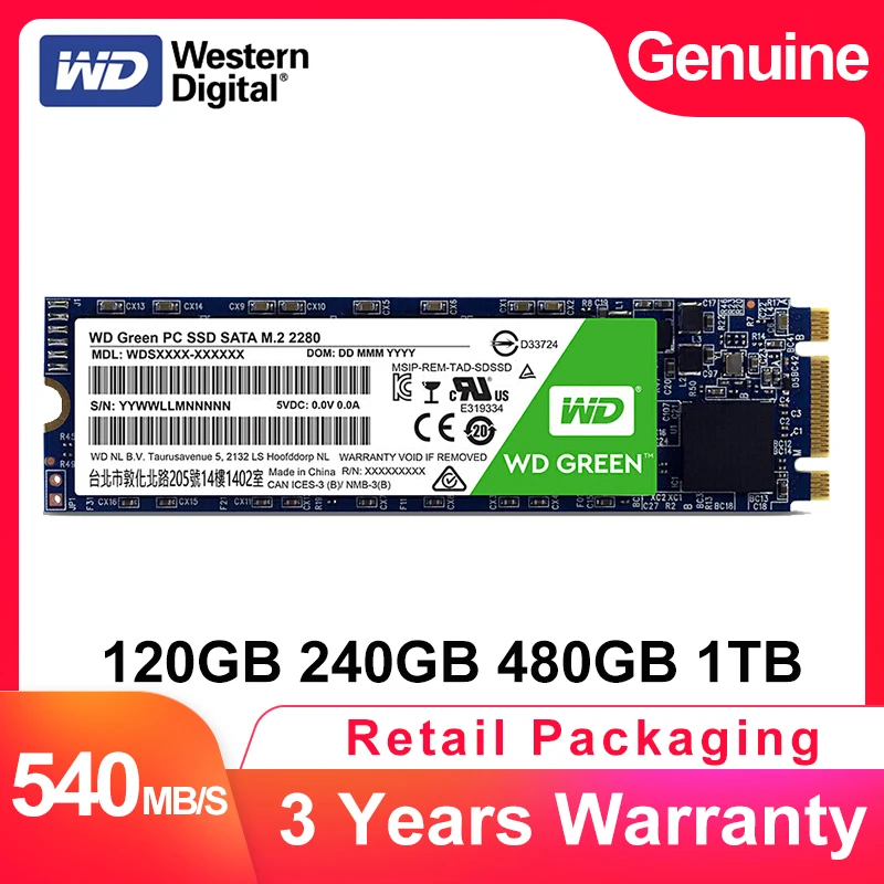 Жесткий диск WESTERN DIGITAL WD GREEN SSD 120 ГБ 240 480 1 ТБ внутренний SATA3.0 M.2 2280 твердотельный