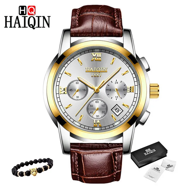 HAIQIN, мужские часы, новые военные Роскошные брендовые часы, мужские кварцевые часы из нержавеющей стали, мужские модные часы с хронографом, Relogio Masculino - Цвет: L-gold white