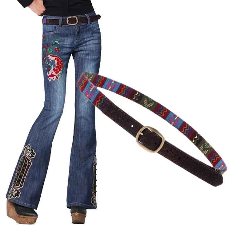 Ремень VOHIO женский с вышивкой модный пояс из натуральной кожи в народном стиле