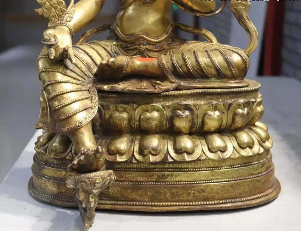 Тибет Лхаса старый Золотой позолоченная медь зеленый Tara Kwan-Yin Bodhisattva богиня Будда