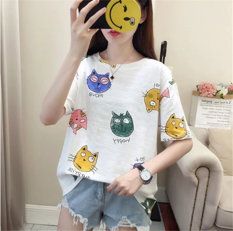 2019 летняя новая женская футболка свободная с круглым вырезом и принтом котенка